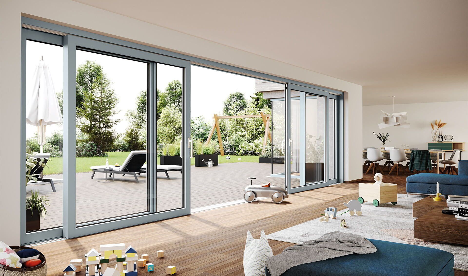 Wohnzimmer mit bodentiefer Hebeschiebetür und Blick in den Garten