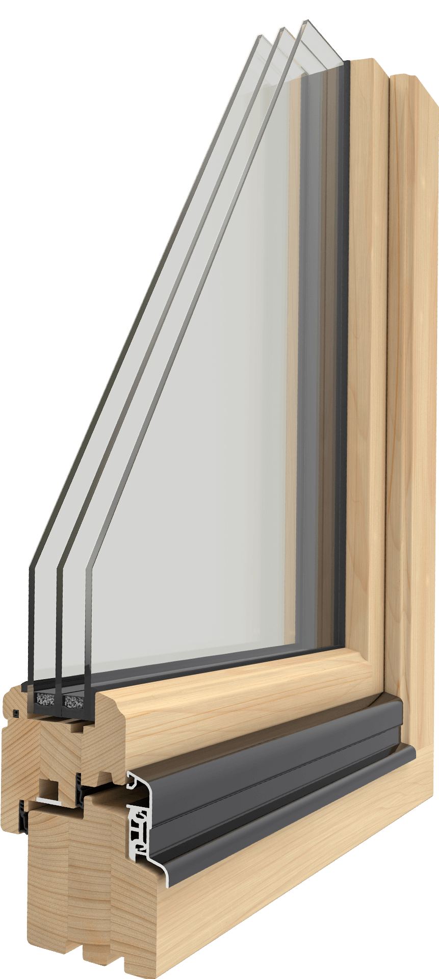 Profilschnitt UNILUX Meisterfenster Klassik: kräftig abgestufte Holzprofilierung mit Aluminium-Wetterschenkel