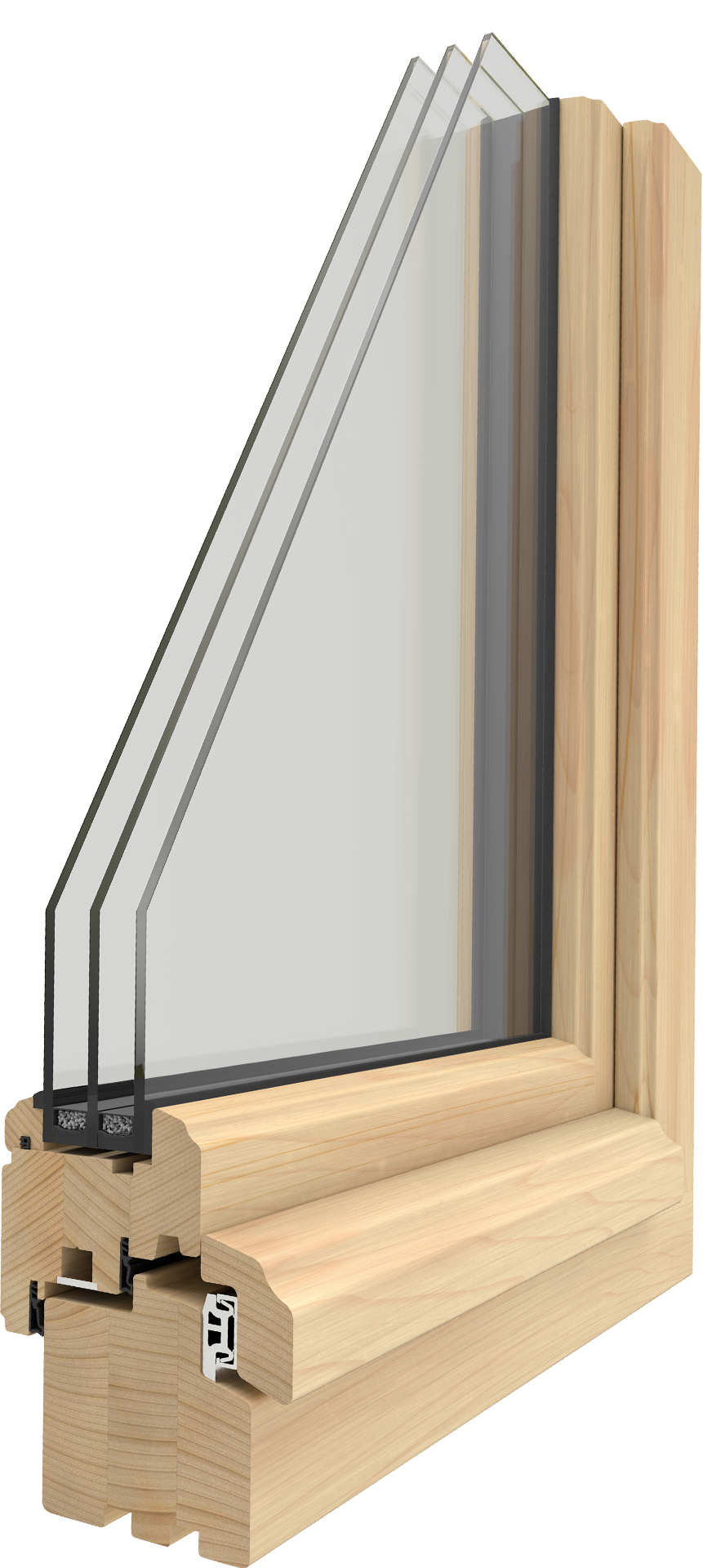Profilschnitt UNILUX Meisterfenster Stil: schräg profilierter Flügel mit Aluminium-Wetterschenkel