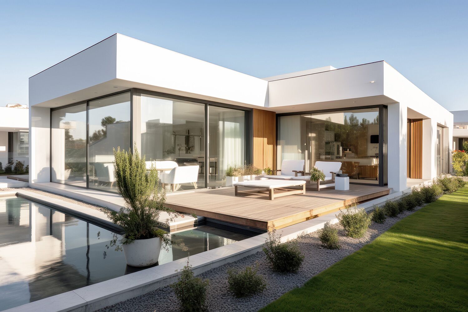 UNILUX PureLine an einem modernen Bungalow mit Pool