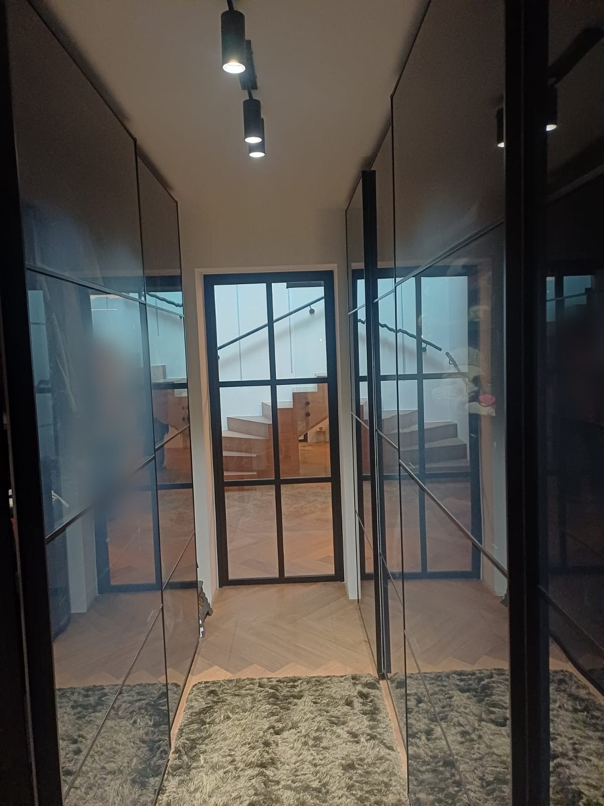 Garderobengang mit spiegelnden Schrankfronten, am Ende eine schwarze Loftüre in Stahloptik mit Blick ins Treppenhaus
